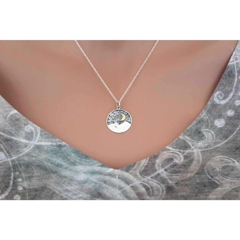 Sterling Silver Mountain Pendant with Bronze Moon Necklace, Moon Necklace - Picture 3 of 5